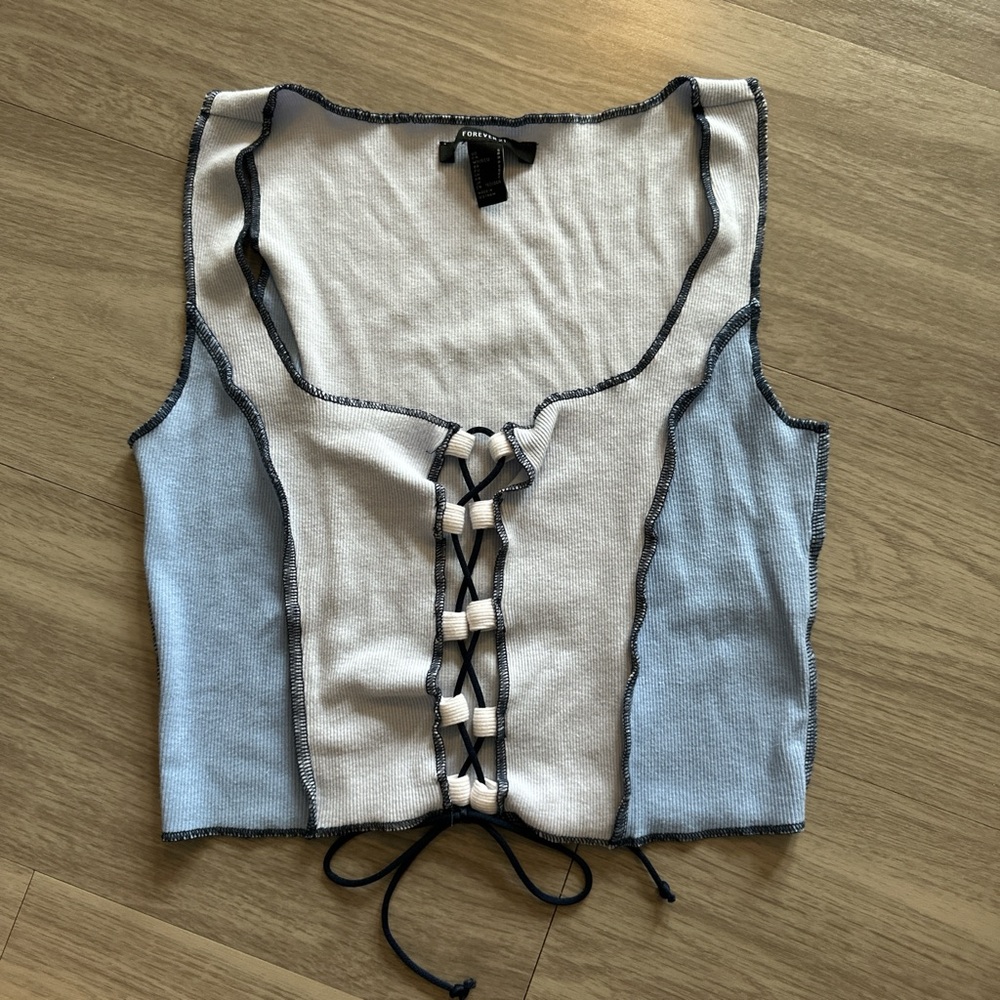 Forever 21 Blue and White Lace-Up Tank Top